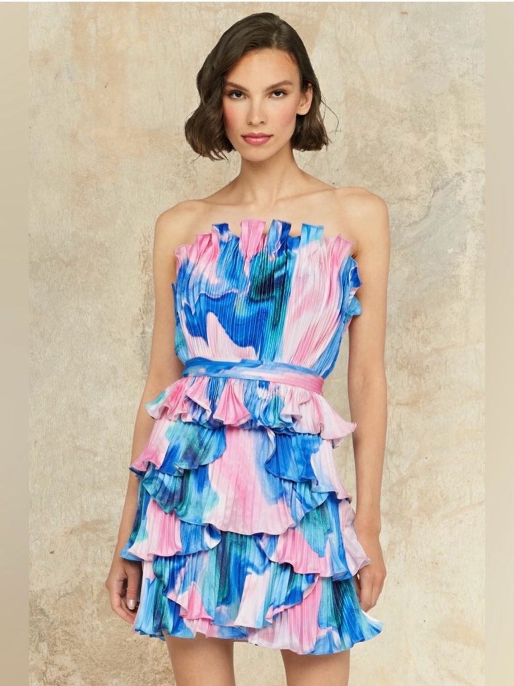 Amur Jayda Ruffle Tiered Shell Mini Dress in Blue & Pink